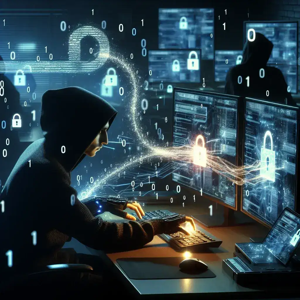 "Imagem ilustrativa de um computador com código de programação na tela, simbolizando técnicas de hacking para recuperação de arquivos perdidos."