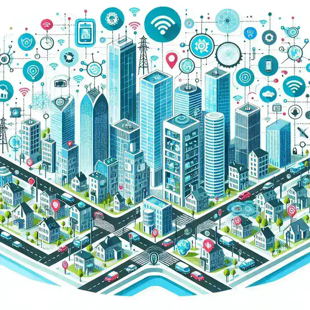 "Imagem ilustrativa de uma cidade inteligente com integração de IoT, mostrando edifícios modernos, transporte conectado e redes de sensores, simbolizando a evolução tecnológica nas áreas urbanas."