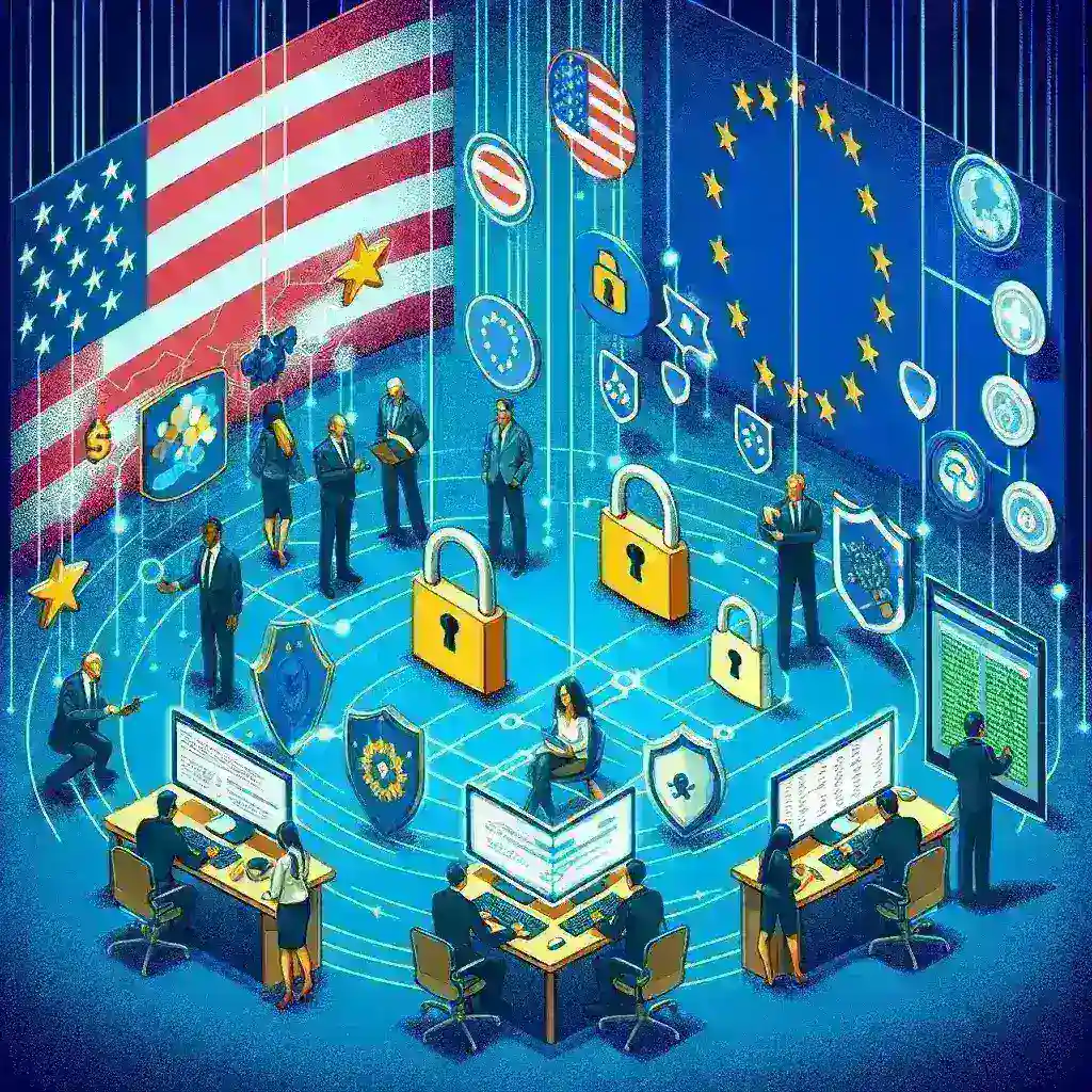 "Imagem de autoridades da UE e dos EUA colaborando na desarticulação de uma rede de malware, com agentes de segurança cibernética analisando dados em um centro de operações."