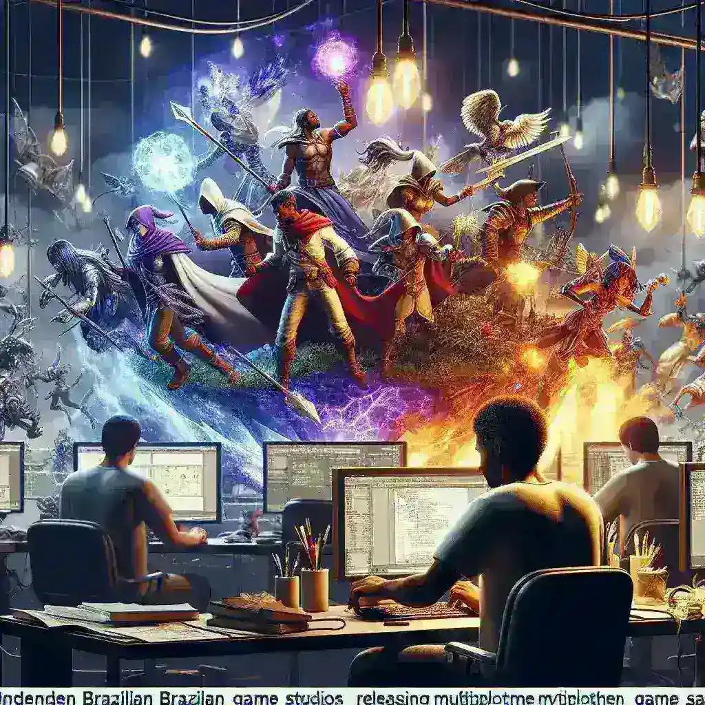 "Artistic depiction of Brazilian independent studios showcasing their latest multi-platform RPGs at a gaming expo, highlighting innovative game design and vibrant character development."